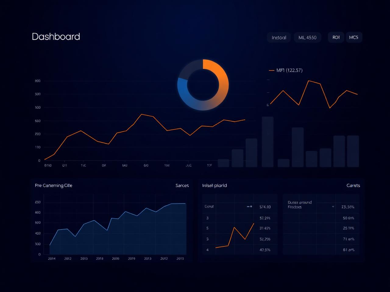 Dunkles Business-Intelligence-Dashboard mit Diagrammen, KPI-Tiles und Trendlinien